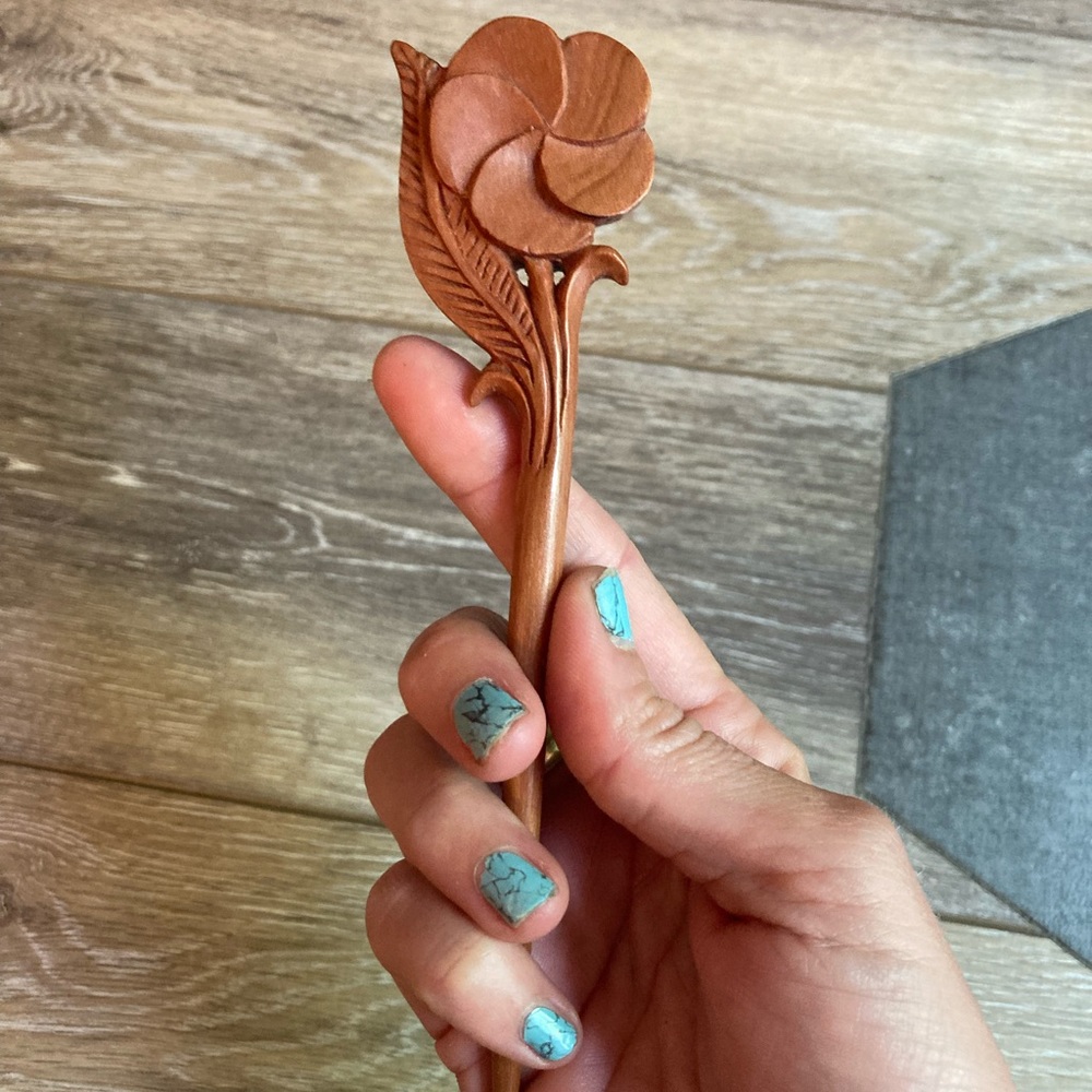 Gorgeous wood carved plumeria hair stick